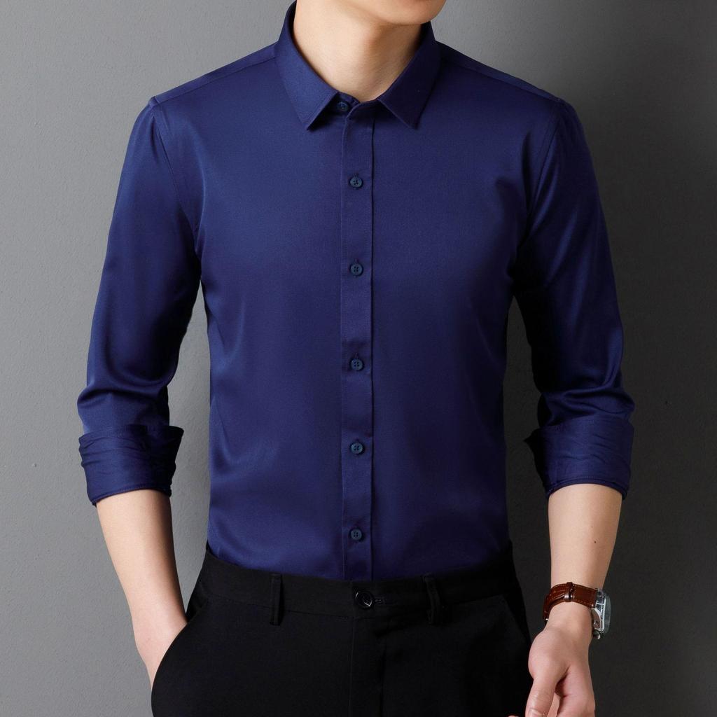 Men's Shirts, Solid Color, Four-sided Stretch Shirts, Non-iron, Slim-fit Spring and Autumn Long-sleeved, Pocket-free Shirts, Long Sleeves