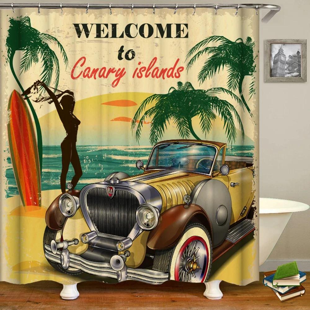 Funny Retro Vintage Car Shower Curtains Waterproof Bathroom Curtain Cool Old Newspaper Bath Curtain High Quality Shower Curtain