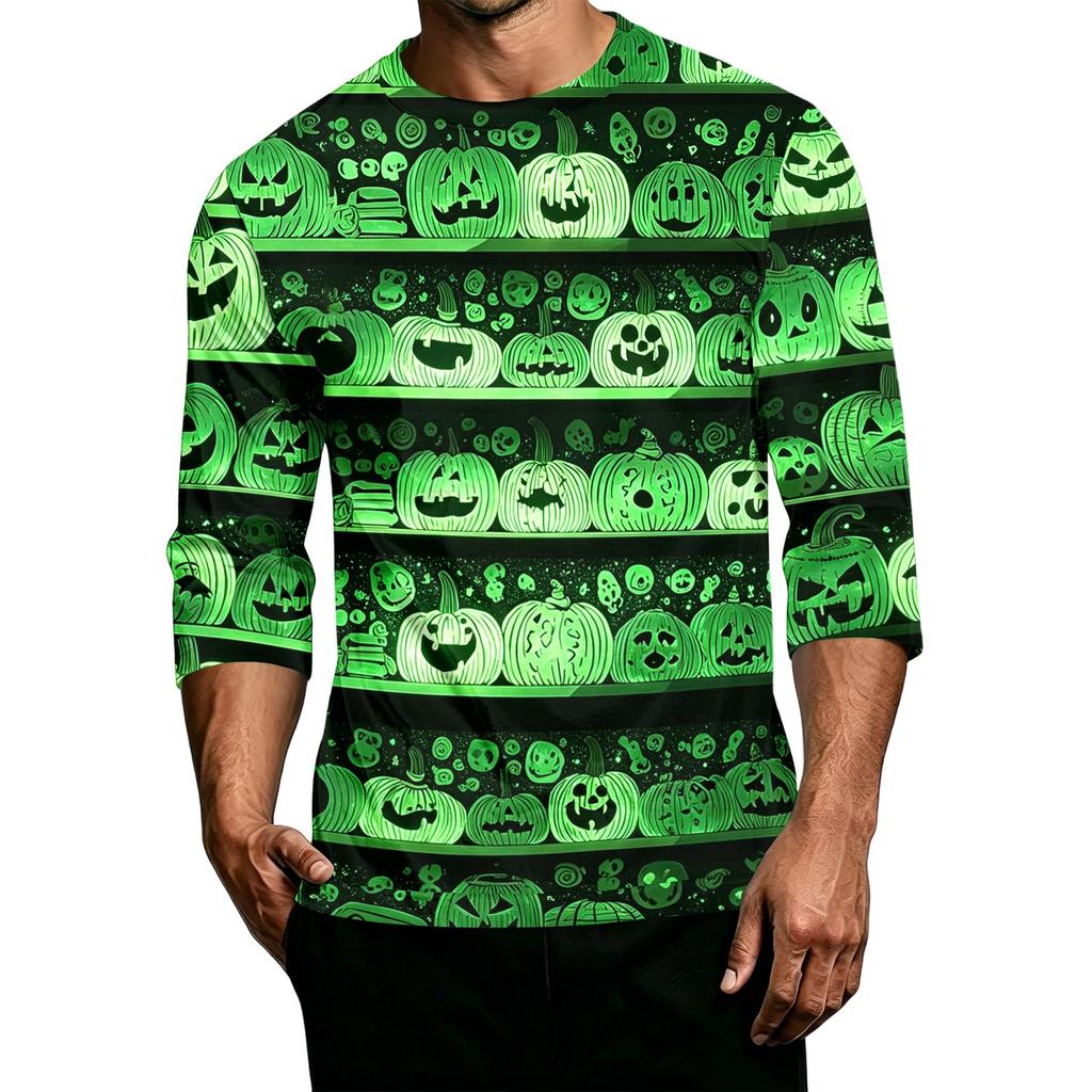 Men's Casual Halloween Print Crew Neck T-Shirt Three Quarter Sleeve Top Lightweight Comfortable Fit for Daily Wear