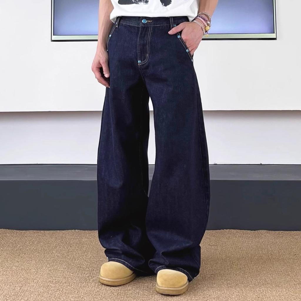 Unisex American Vintage Raw Denim Banana Wide Leg Jeans Turquoise Hardware Clean Fit Loose Straight Trousers S-3XL