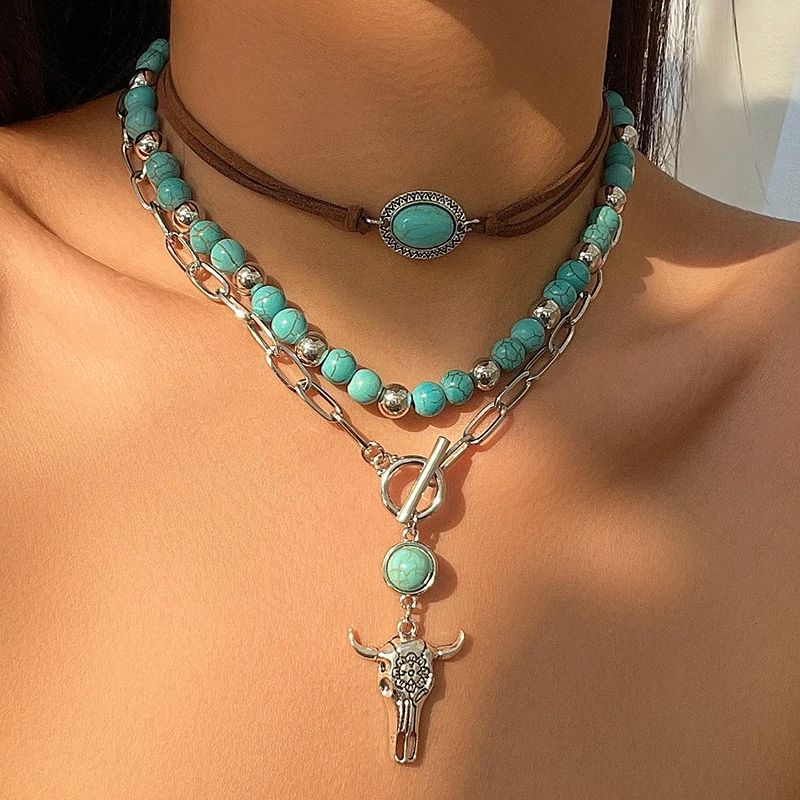 PuRui Oxhead Green Stone Women's Multi Layer Pendant Necklaces Ethnic Style Girls Necklaces Amulet Vintage Gifts Zircon New In