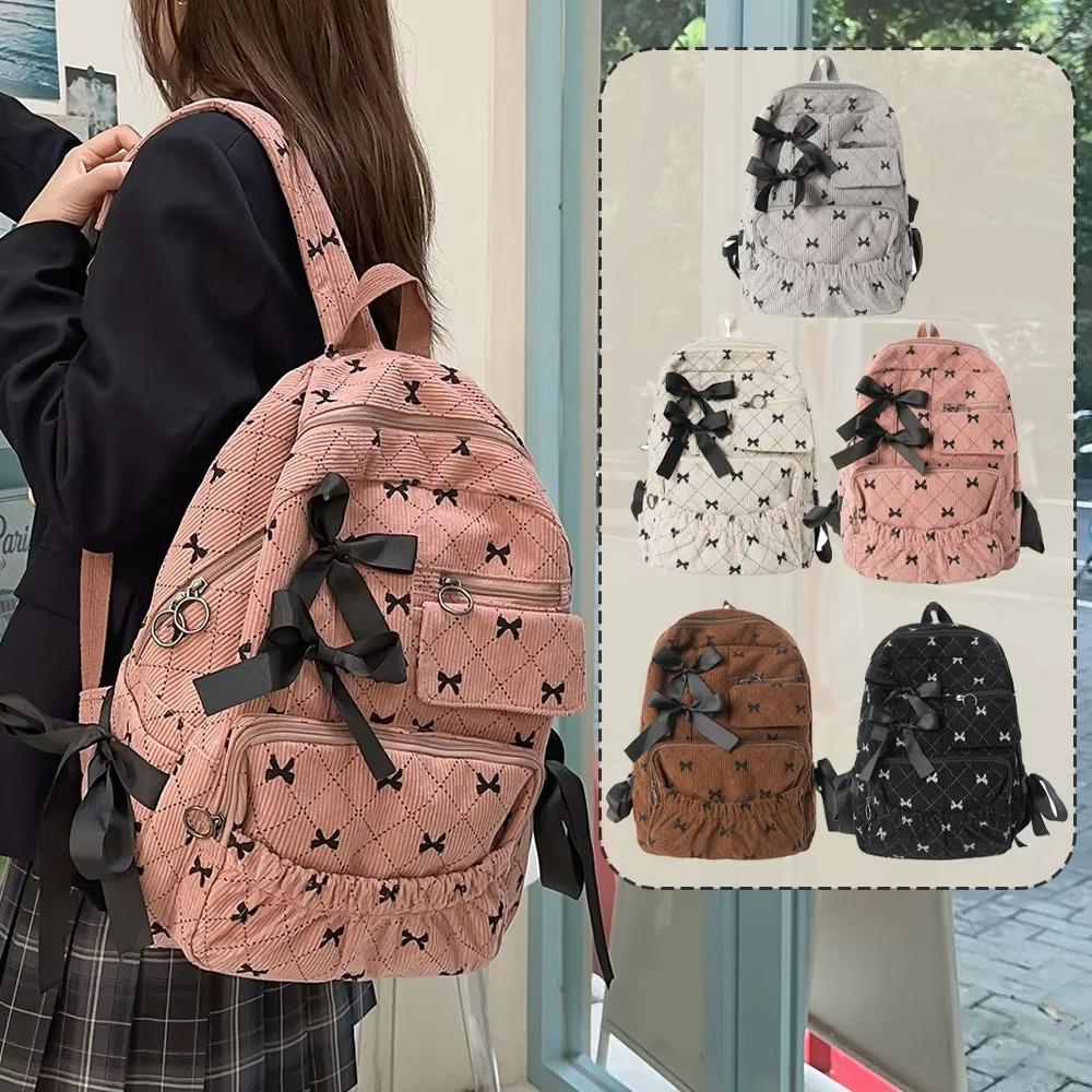 Fashion Corduroy Bow Schoolbag Ins Style Large Capacity Backpack Bag Bow Print Students Backpack Women