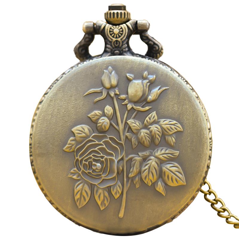 

Vintage Bronze Clamshell Flower Carved Necklace Quartz Pocket Watch Fashion Jewelry Gift For Girls бронзовый