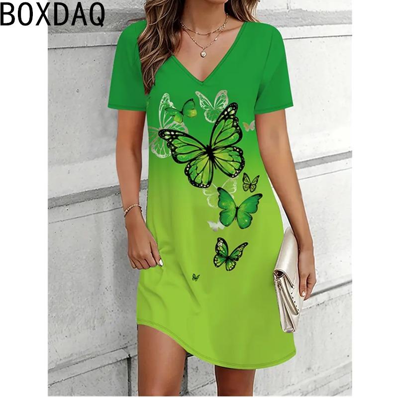 Damen Sommerkleid Kurzarm V-Ausschnitt Lässig 3D Vintage Blumen Print Elegantes A-Linien-Kleid