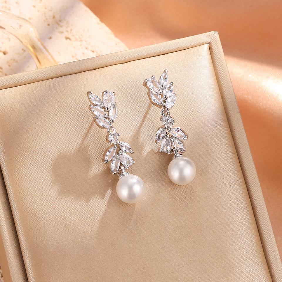 ZAKOL Luxury Leaf Cubic Zirconia Imitation Zircon Dangle Earring for Women Elegant Wedding Engagement Party Zircon