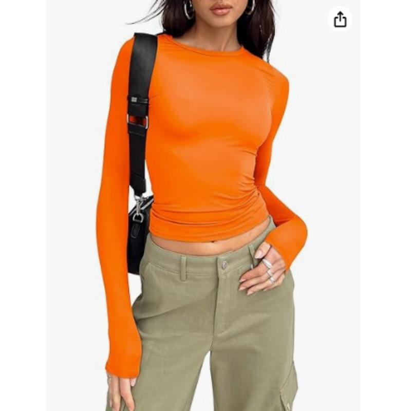 Women's Spring New Shirt Solid Color Crew Neck Bottom Shirt Slim Wear Hand Long Sleeve Top Women