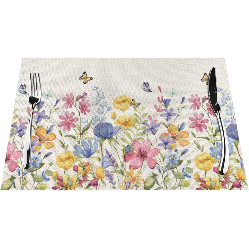 Spring Floral Placemats 12x18 Inches Set of 4 Colorful Flower Butterfly Decorative Rectangle Table Mats Summer Colorful Linen Place mats for Party