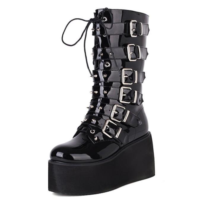 Punk Style Rivet Medium Tube Knight Boots Women's Platform High Heel Belt Buckle Large Size 43 Women's Boots
