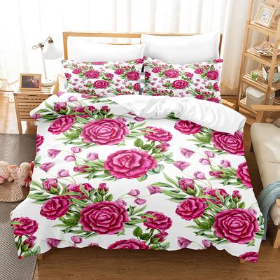 Funda Nórdica y Fundas de Almohada de Flores y Rosas Juego de Colcha con Impresión Digital de 3 Piezas Juego de Ropa de Cama Suave Cómodo Transpirable