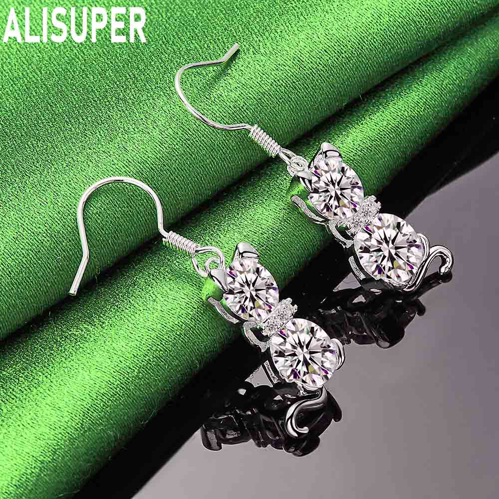 Cute 925 Sterling Silver AAA Zirconia Cat Earrings - Stylish Evening Jewelry