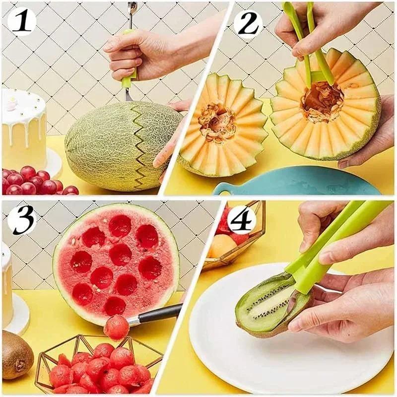Multifunktionales Melonenkugelausstecher- und Schnitzmesserset Edelstahl Fruchtspatel Wassermelonen- und Cantaloupe-Schneider Küchenwerkzeuge