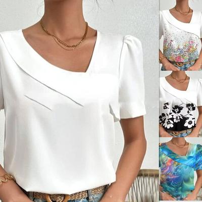 Elegant Woman Shirt  Casual  Blouse Short Sleeve Loose Printed  Casual Solid Color  Fashion Tops Plus Size