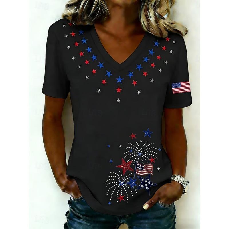 Women's T Shirt Print Graphic Flag Vintage Stylish Classic Short Sleeve V Neck Long Tops Summer Spring
