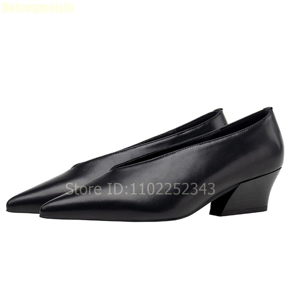 Fashion 2025 Summer New V-Neck Pointed Toe Pumps Women Sexy Black Sheepskin Shallow Slip On Chunky Heels Sandals Casual Fashion Shoes
