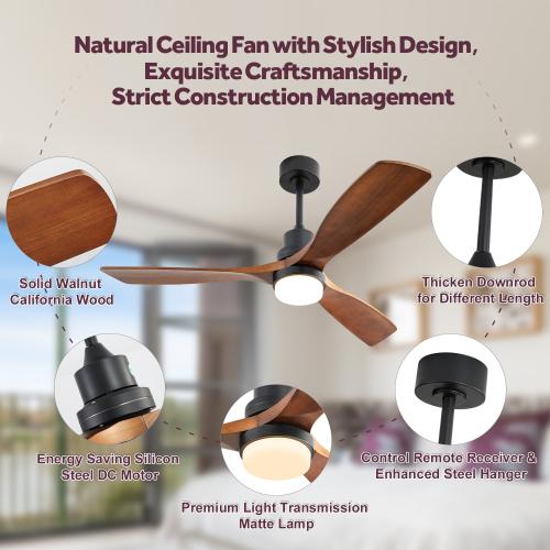 Sofucor Ceiling Fan with Light - 6 Speeds - Energy-Efficient DC Motor - 132cm, 3 Colors Available