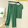 Women's Summer Pajamas V-neck Short-sleeved Top + Loose Wide-legged Pants Two-piece Set of Thin Simple Solid Color Suit