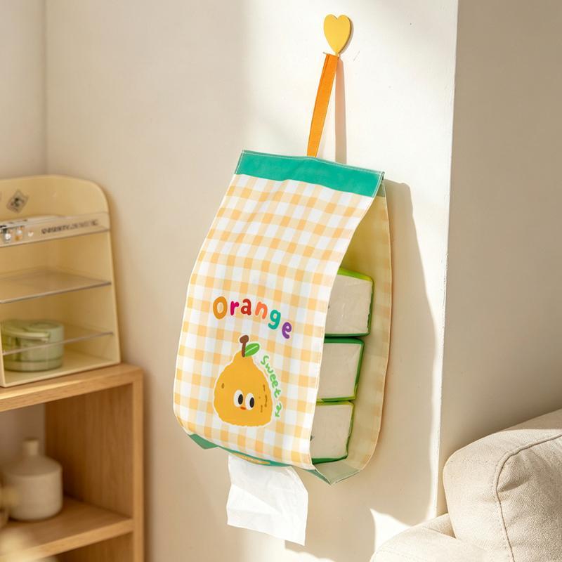 Hanging Tissue Storage Bag Cartoon Checkered Non-slip Tissue Holder Space Saving for Kitchen Pantry Bathroom Wall