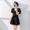 New swimsuit fairy fan one-piece short-sleeved belly cover conservative beach hot spring black skirt swimsuit