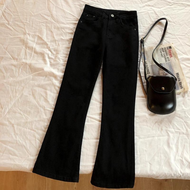 Slightly Pulled Jeans Women's Autumn and Winter Velvet High-waisted Thin Elastic Small Black Pants 89-point Flared Pants