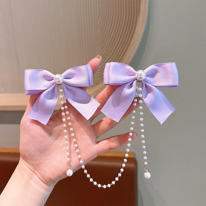 Pearl Bow Tassel Hair Clip Elegant Solid Color Hair Claw Children Princess Hairpins  Beauty Hair Accessories