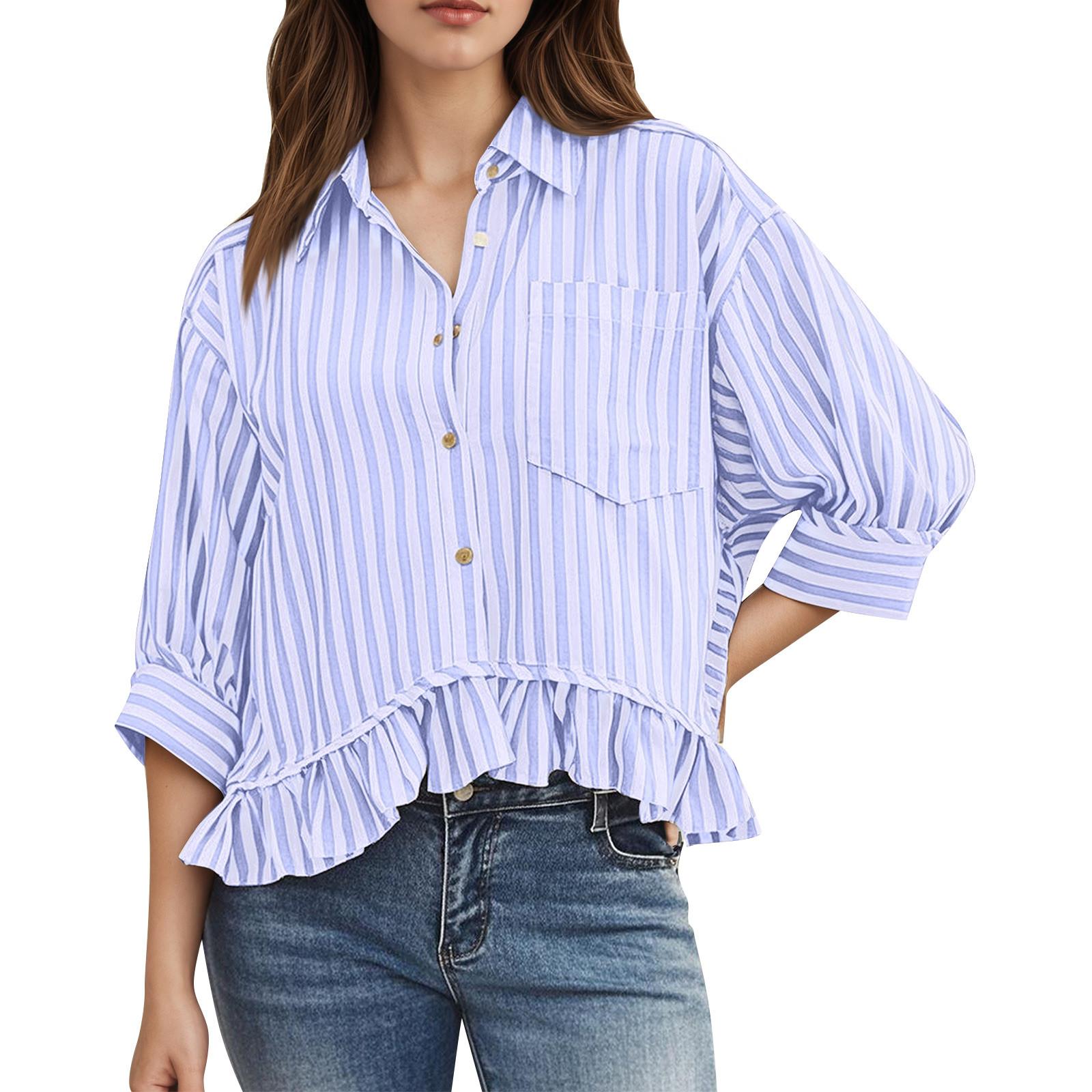 

Женская модная повседневная рубашка с оборками на пуговицах, полосатая футболка, топ XL небесно-голубой