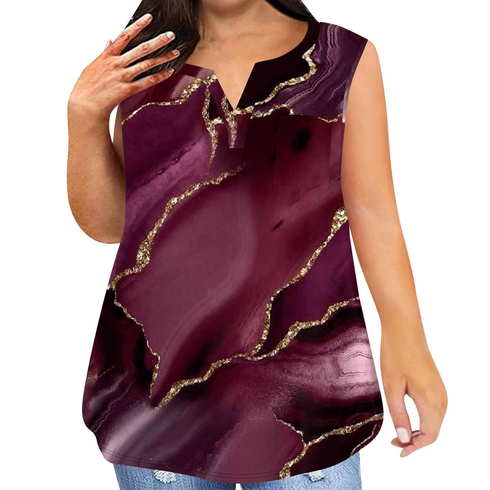 

Fashion Plus Size Women s Casual Sleeveless Round Neck Gradient Printed T-shirt With Pockets XL винний