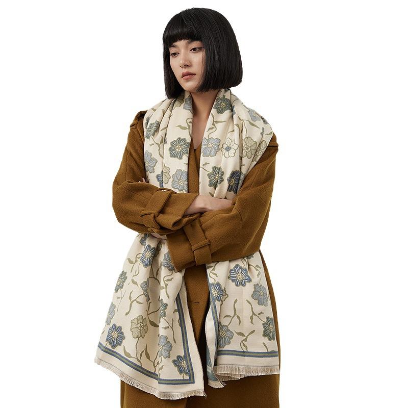 Winter Scarf Women'S Japanese And Korean Version Imitation Cashmere Flower Printing Fashion Versatile Scarf High-End Warm Shawl