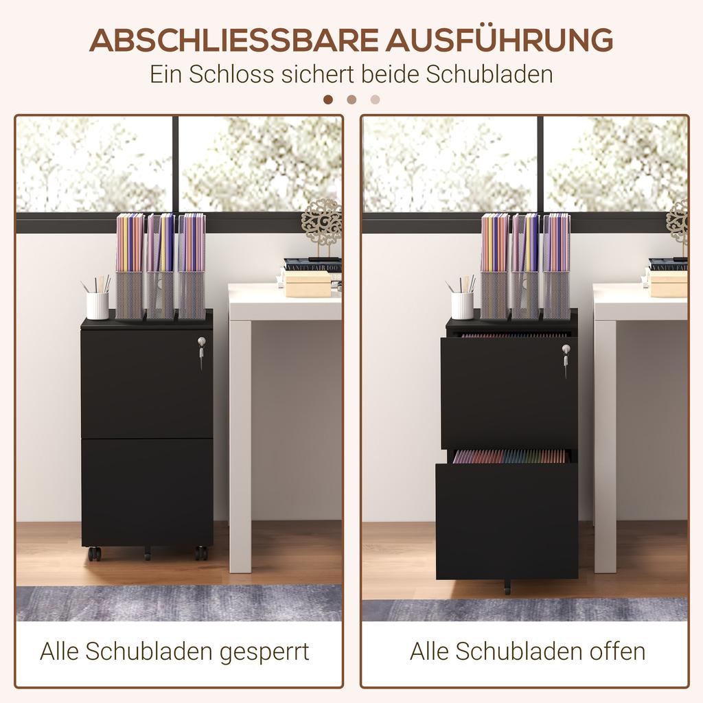 Mobile Pedestal Filing Cabinet, 2 Drawers, Lockable, Rollable, 37 cm x 43.5 cm x 67.5 cm, Black