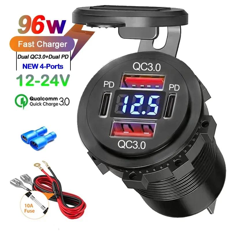 2/3/4 Port PD QC 3.0 USB Car Charger with Voltmeter Socket Power Outlet Adapter Waterproof for 12V/24V Car ATV Boat Hot Sale