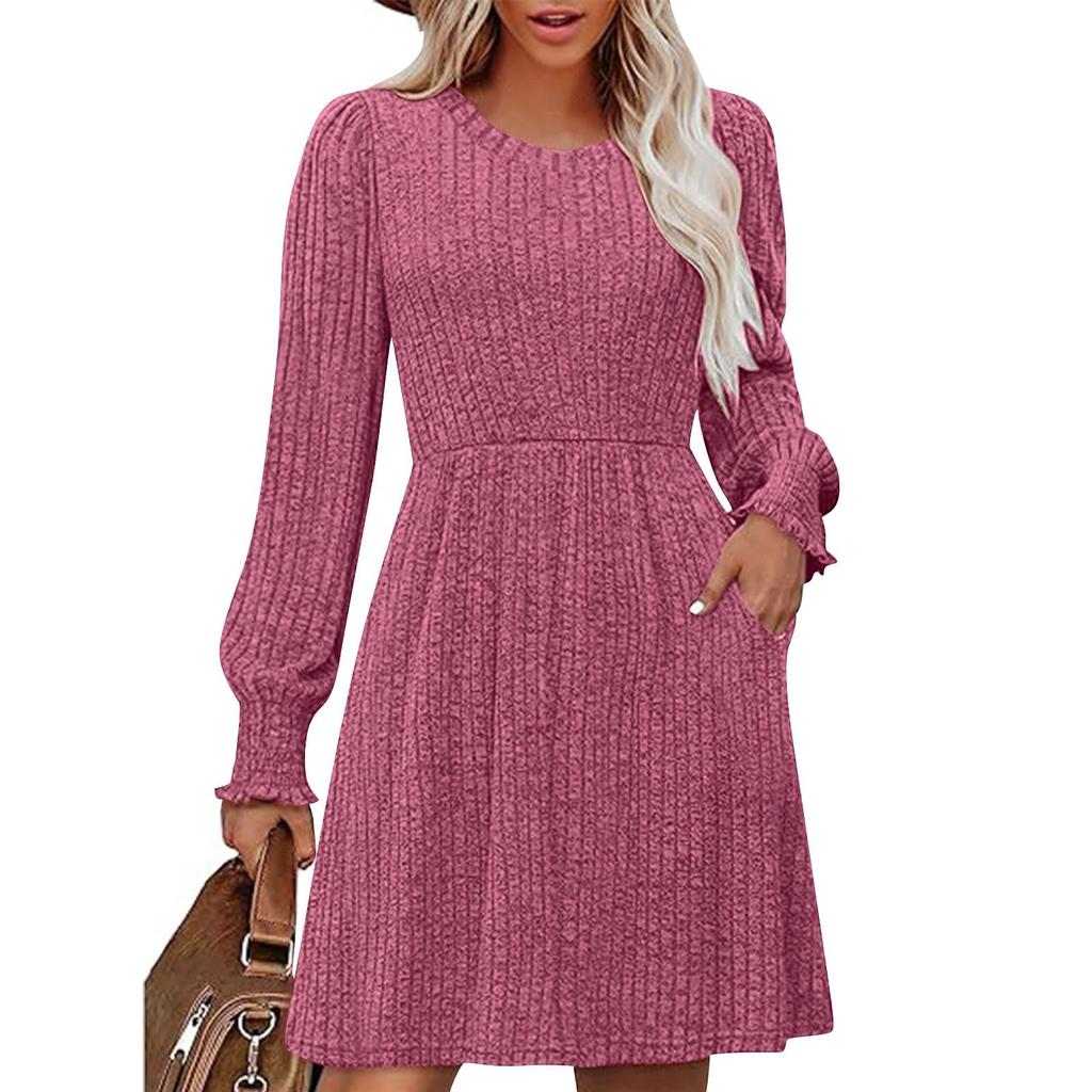Women's Fashionable Loose-Fit Long-Sleeved Round-Neck Patchwork Solid-Colour Dress