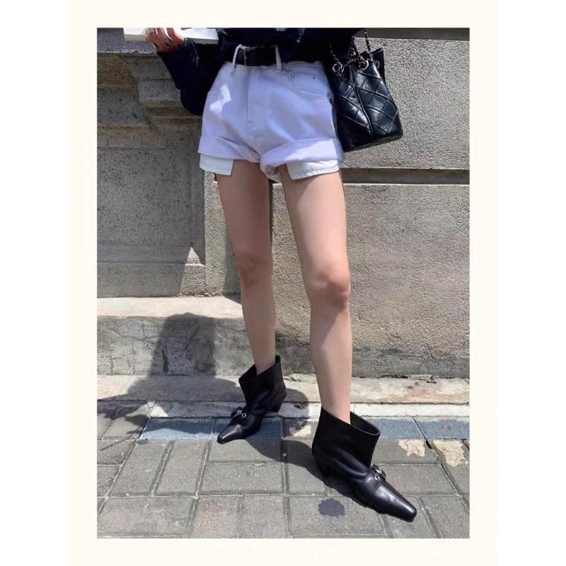 Designer Pointed Toe Metal Buckle Strap Short Boots for Female Women Thin High Heel New Leather Fabric Elegant Sexy Winter Shoes