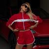 2026 Contrasting Striped Short Sports Suit Women's Stand-up Collar Zipper Windproof Jacket High Waist Casual Shorts Two-piece Set