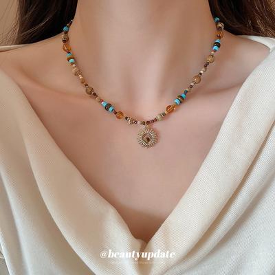 Titanium Steel Natural Stone Rice Beads, Sunflower Beaded Necklace, Retro Collarbone Chain, Light Luxury, Advanced Sense Necklace Jewelry for Women