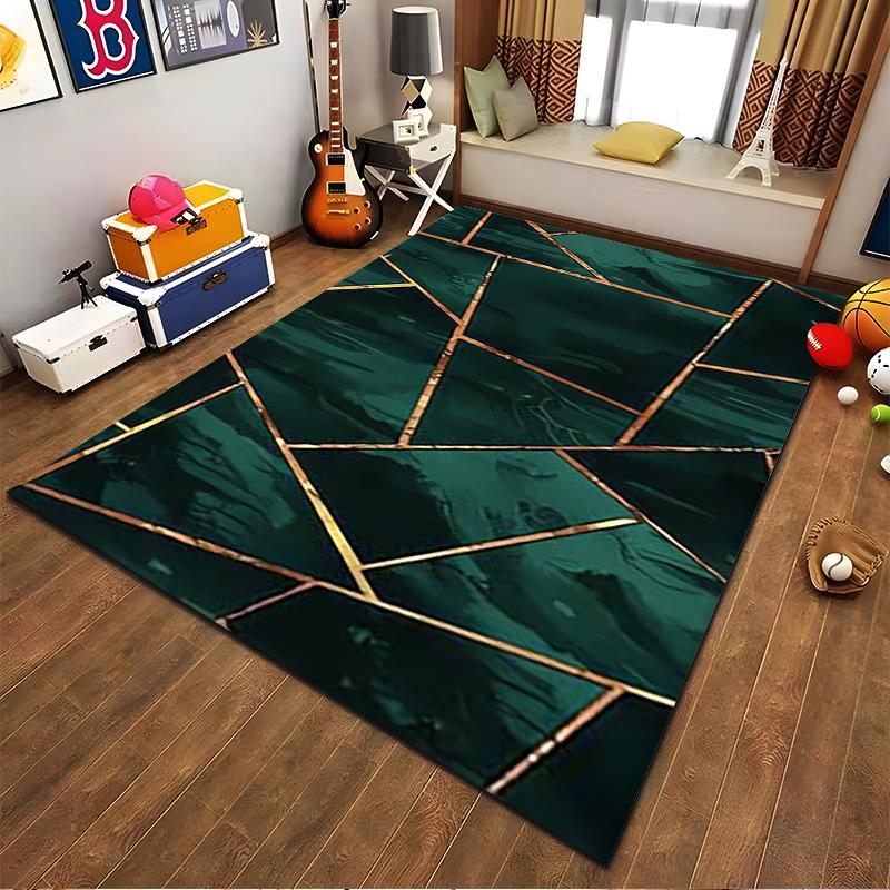 Tappeto Geometrico Verde Moderno con Linee Dorate per Arredo Soggiorno Adatto all'uso come antiscivolo per divani di soggiorno e camera da letto