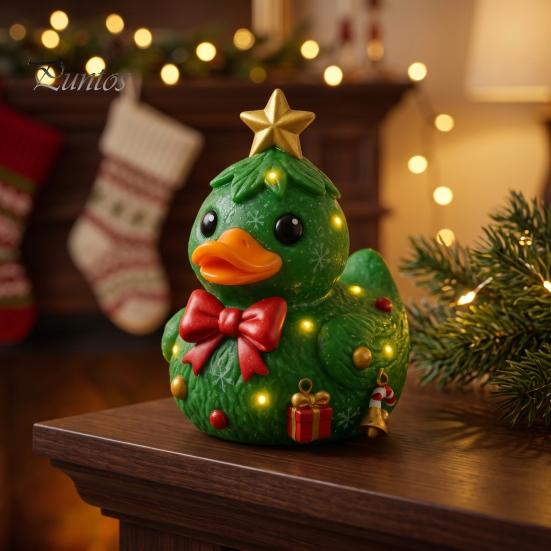 Kersthuisje Ornamentenset Kerst Eend Beeldje, Hars Beeldhouwwerk voor Decoratie, Leuke Micro Landschap Accessoires Desktop Ornamenten met Feestelijke Elementen