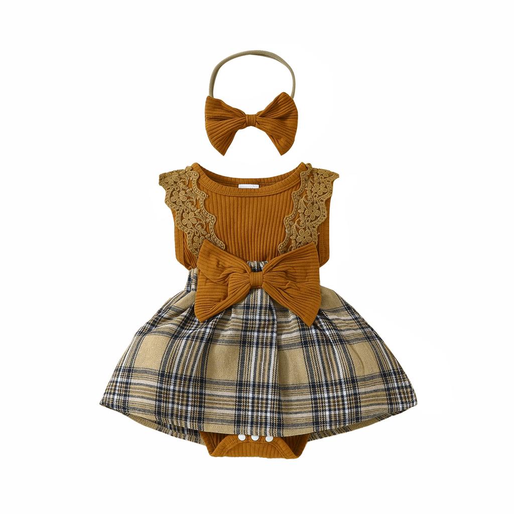 Śpioszki dla dziewczynek Sukienka z koronkowymi rękawami, kokardką, spódnicą w kratę Hem Body dla niemowląt Letnie ubrania z opaską