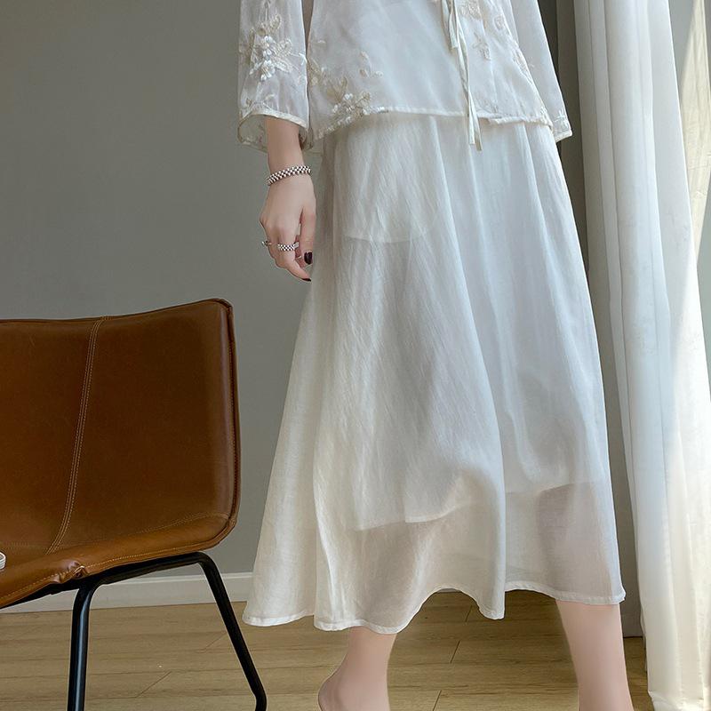 Women's Summer A-line Silk Satin Midi Skirt - High Waist, Solid Color