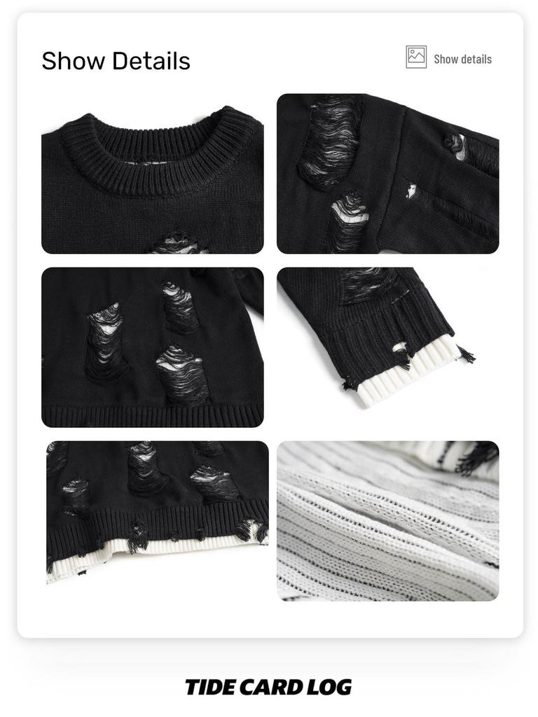 TIDE CARD LOG Nadměrný roztrhaný streetwearový svetr ve stylu dvoudílného kompletu pro muže a ženy