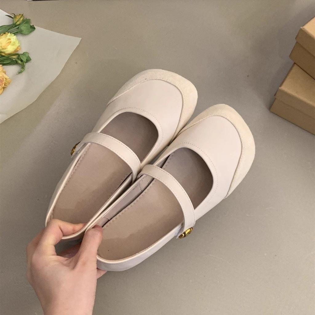 French shallow mouth single shoes flat bottom 2025 summer new evening breeze with skirt square head Mary Jane shoes