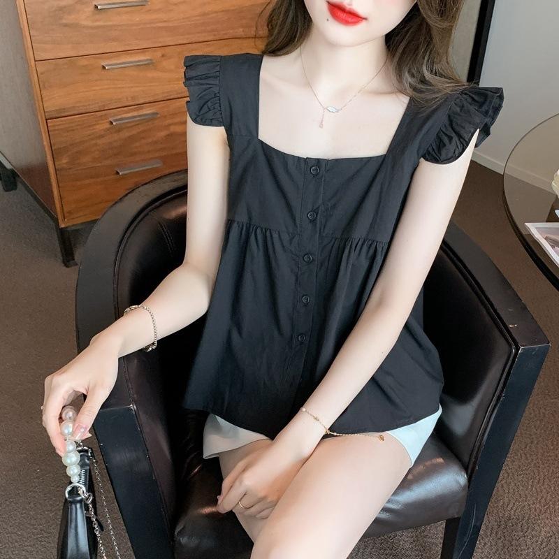 

Черная рубашка с ушками Летний новый стиль Женская однотонная универсальная рубашка топ без рукавов с квадратным воротником и клетчатыми оборками 2XL