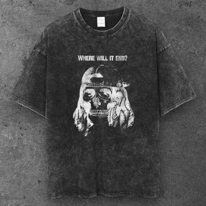 Mens Skull Snapback Oversized Cotton T Shirt Washed Black Y2K Streetwear S-3XL