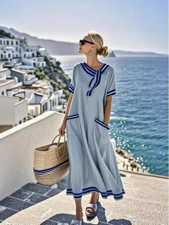 Temperament Bow Pocket Short Sleeve Loose Maxi Dress