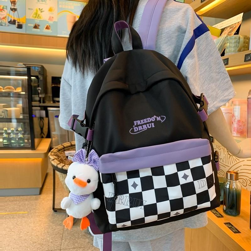 Simplified Checkered Letter Pattern Student Backpack With Plush Pendant For Middle School Students