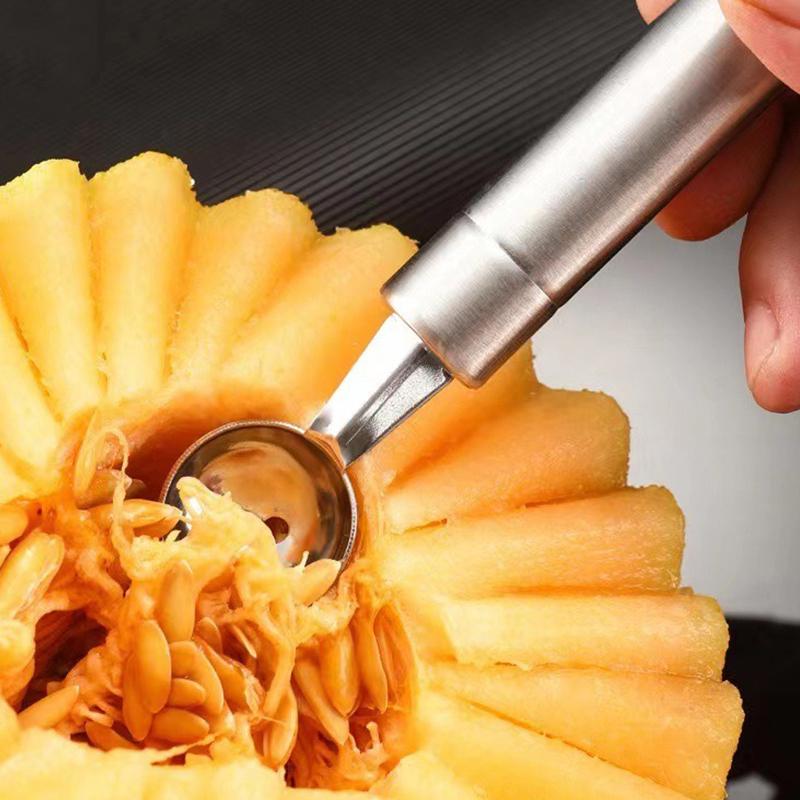 2 Stück/Set Doppelseitiges Obstformlöffel-Set Wiederverwendbares Edelstahl-Ananas-Pitaya-Schnitz- und Löffelwerkzeug Küchenhelfer ZYF