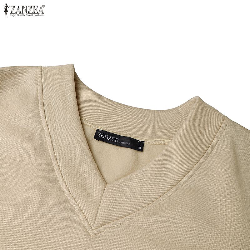 ZANZEA Women Casual Mesh Splice Loose V-neck Long Sleeve Dress