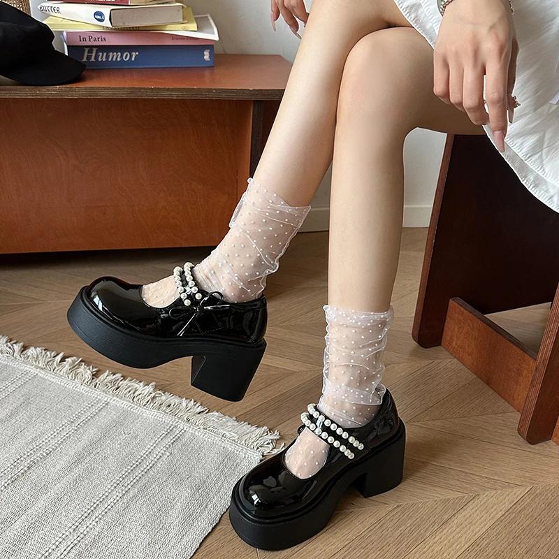 Women's Lolita Style Shoes 2025 French One Pearl Bow Round Toe Chunky Heel Mary Jane Shoes High-heeled Thick-soled Women Shoes