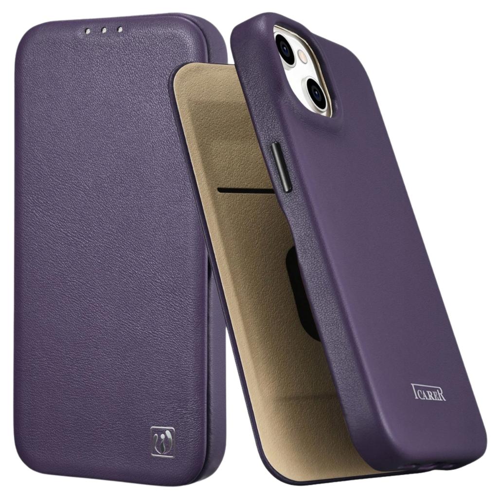 Icarer Ce Premium Leather Folio Case Skórzane Etui Iphone 14 Plus Z Klapką Magnetyczne Magsafe Ciemnofioletowy (Wmi14220715-Dp)