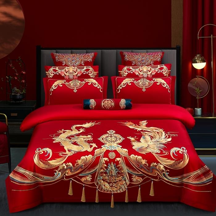 Comforter 100/140Ct Long-Staple Cotton Chinese-Style Wedding Festive 4-Pcs A Witness To Marriage And Love Home Decoration