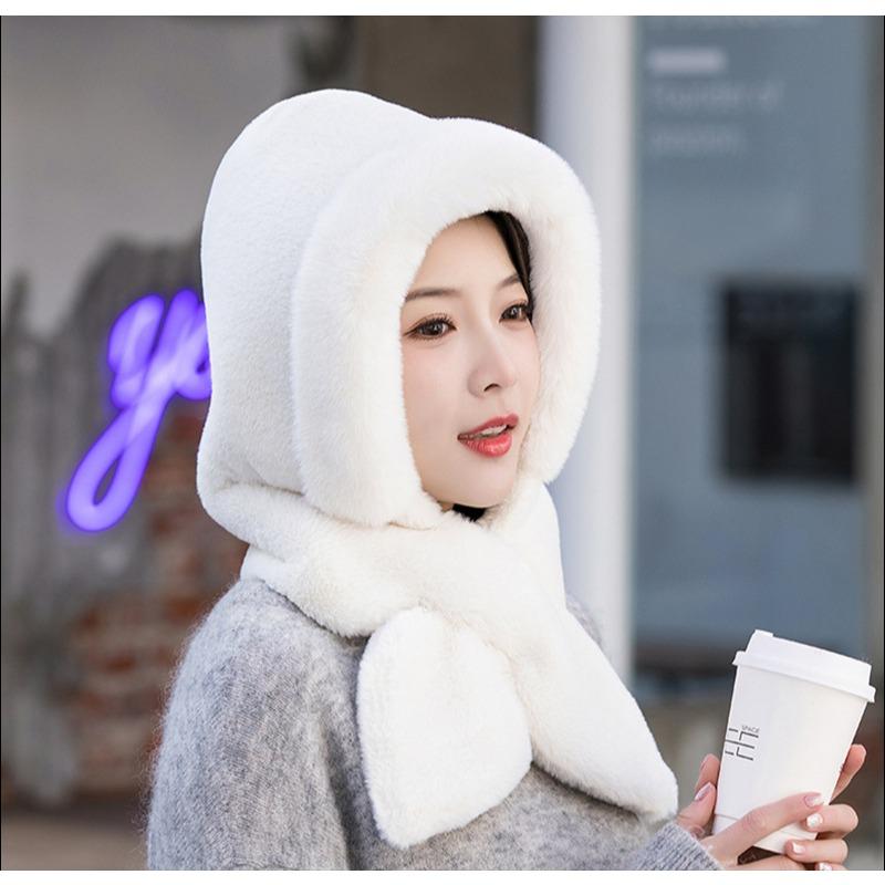 Women Winter Hood Thick Plush Scarf Hat Set Outdoor Ski Windproof Warm Headgear Solid Color Fluffy Fur Female Earmuffs Cap