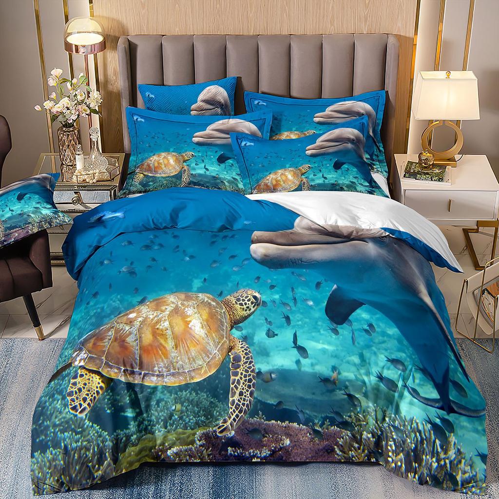 3D-gedruckte Heimtextilien Bettwäsche Delfin Meeresschildkröte Meerestier Quilt-Set Dreiteiliges Set